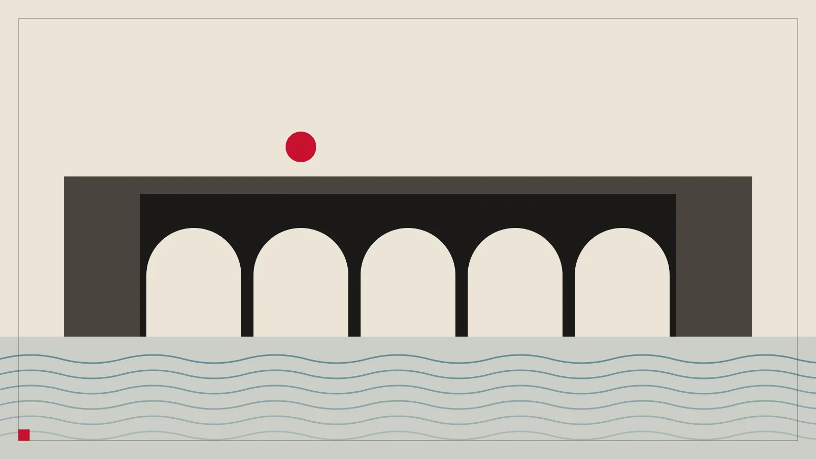 Eine schwarze Steinbrücke mit fünf Bögen über blauem Wasser, mit einer roten Sonne über dem linken Ufer.