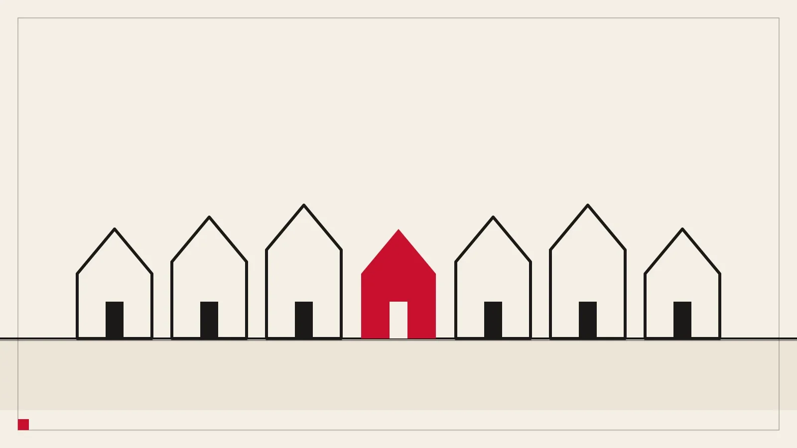 Une rangée de maisons en contour sur une ligne de base, l’une remplie de rouge.
