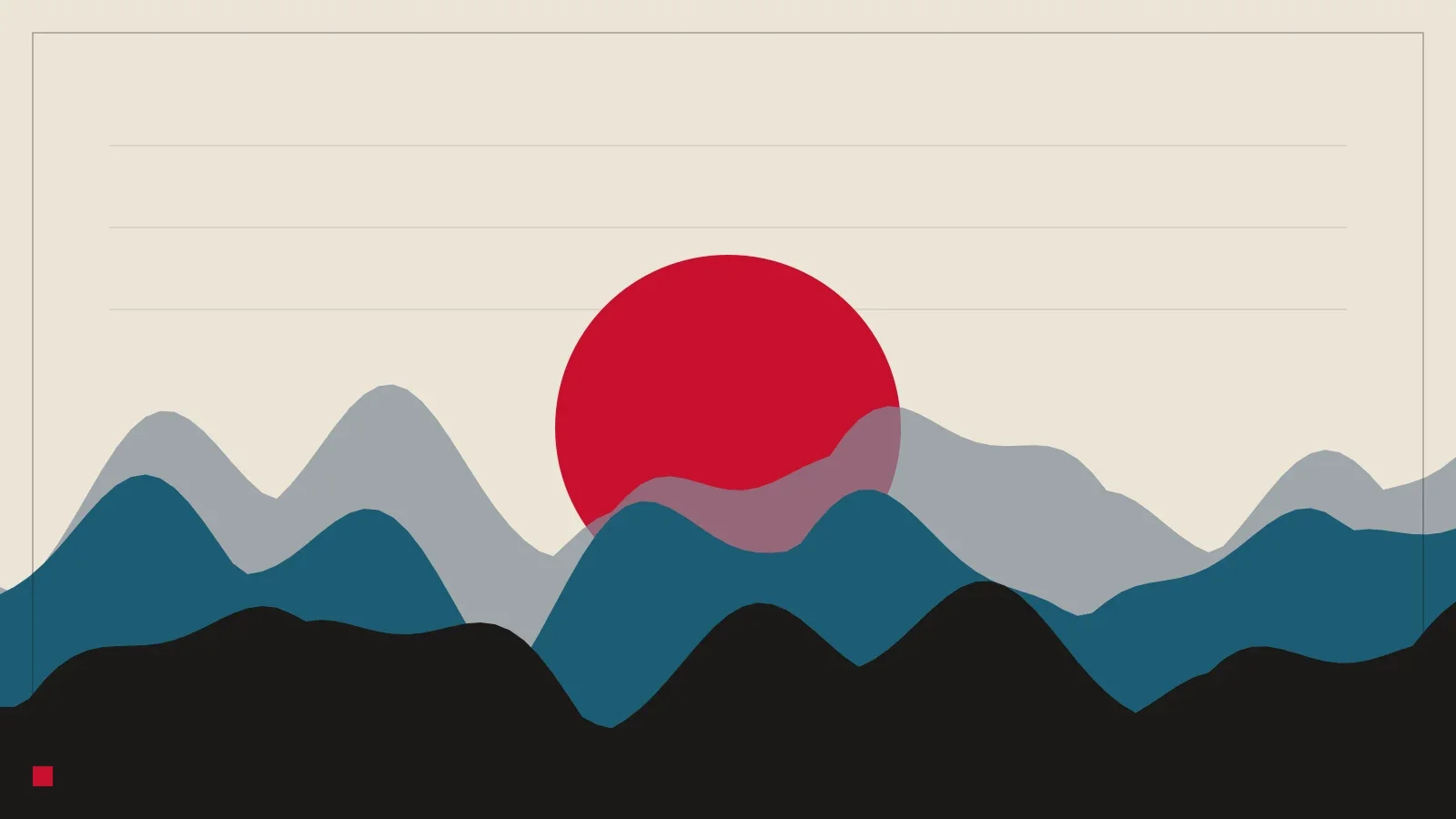 Eine rote Sonne geht hinter drei überlappenden Bergketten in Schiefergrau, Blau und Schwarz auf.